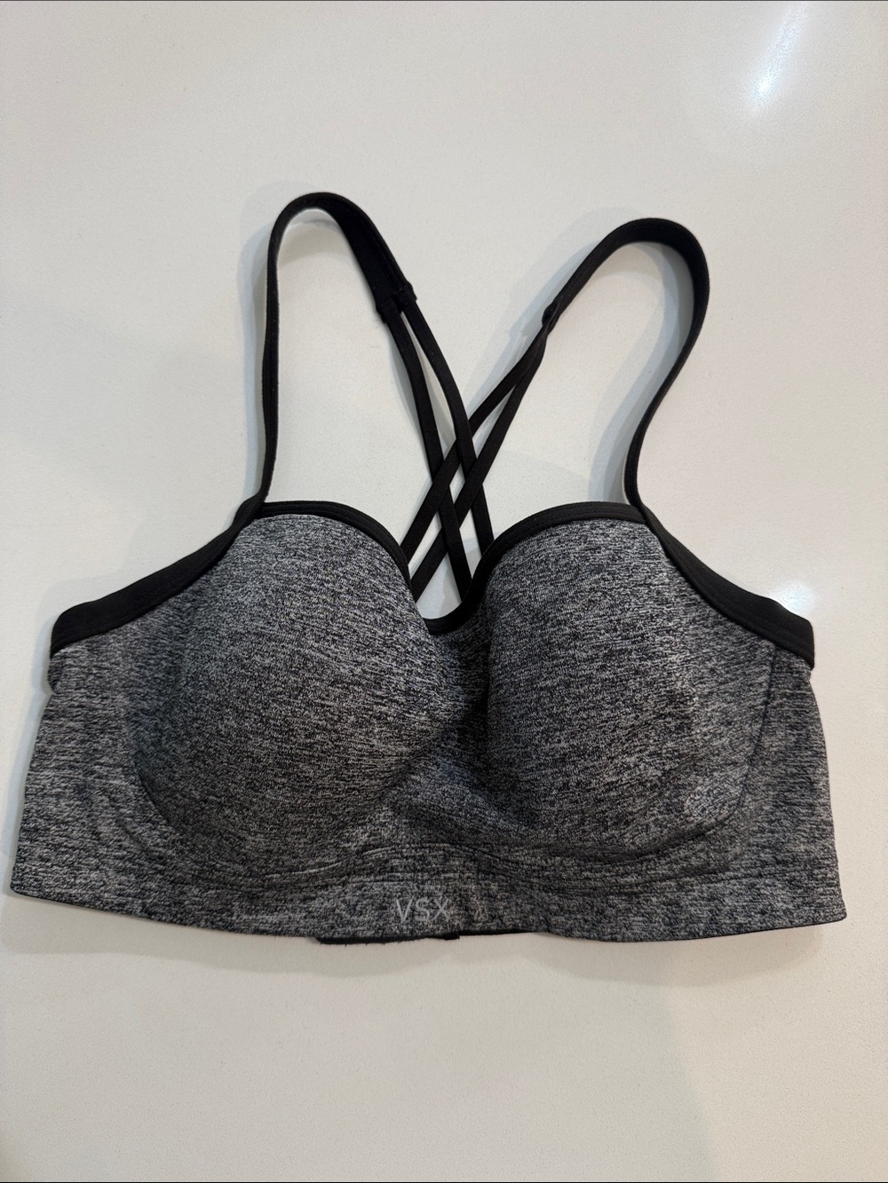 VSX Black & Gray Heather Padded Sports Bra with Crisscross Straps | Size 34D